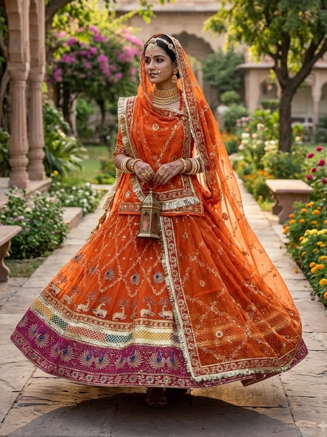5 Meter Flare Humrahi Pure Poshak - Vintage Rajasthani Rajputi Dress with Coding Zari Work-92026