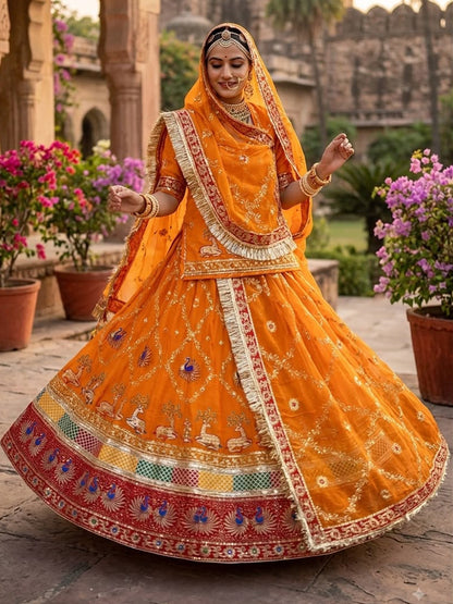 5 Meter Flare Humrahi Pure Poshak - Vintage Rajasthani Rajputi Dress with Coding Zari Work-92023