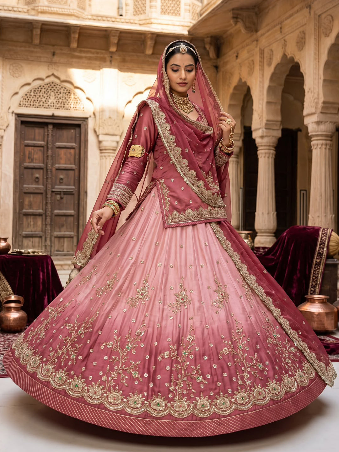 Double Shaded  4-Meter Flare Vintage Rajasthani Simar Silk Rajputi Poshak for Women-92071