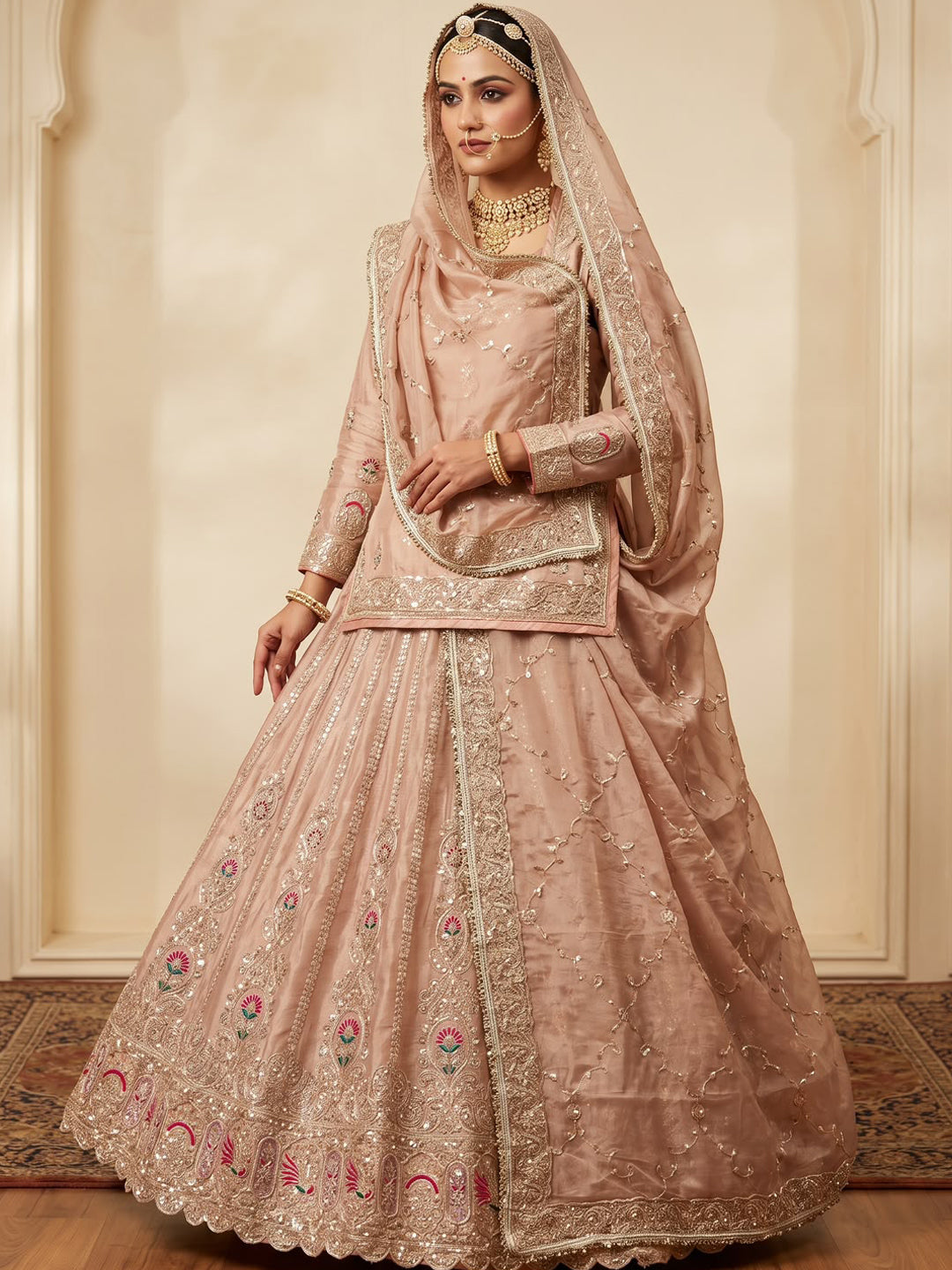 4-Meter Flare Vintage Rajasthani Gabana Tissue Silk Rajputi Poshak for Women-92035