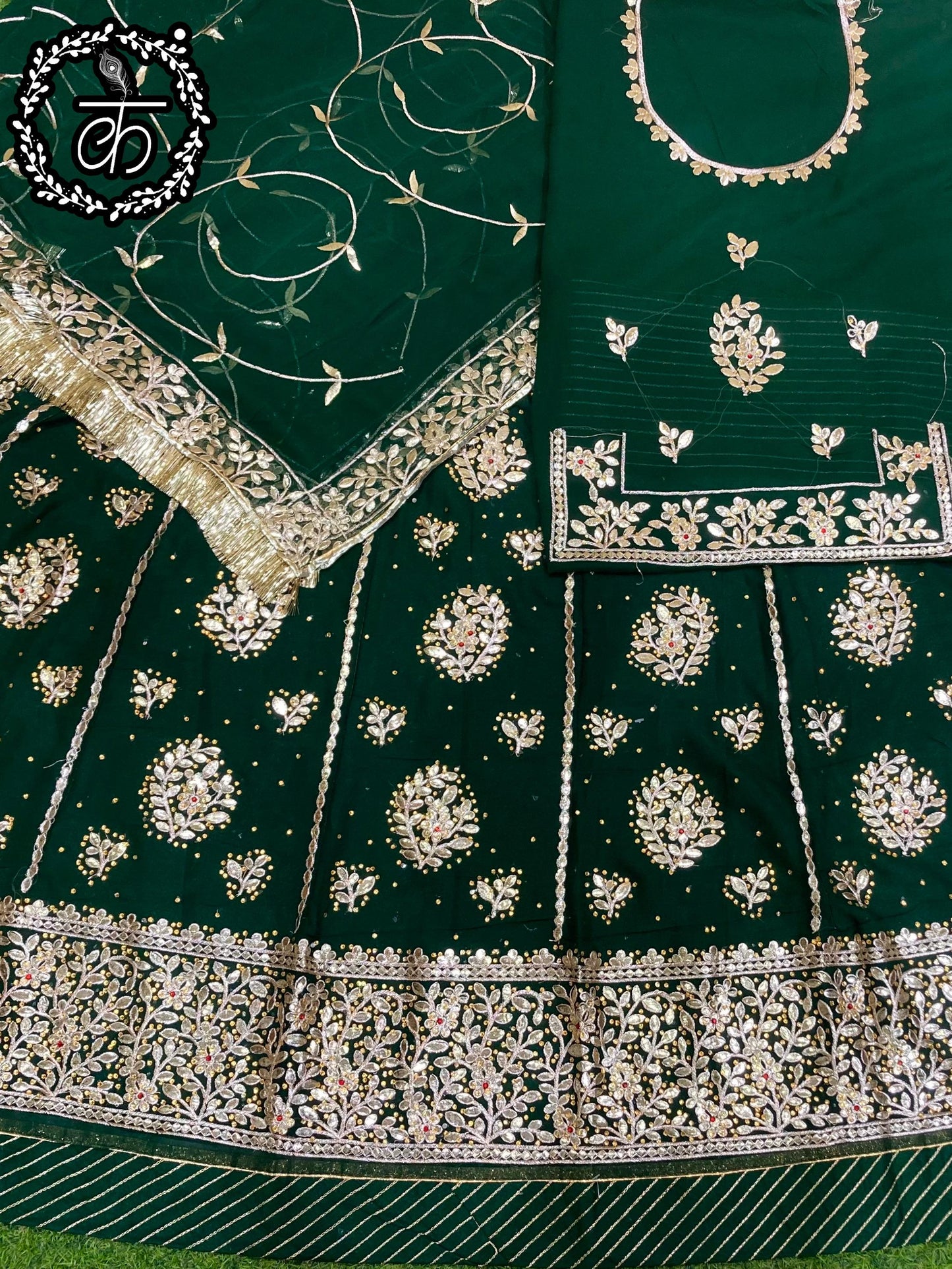 Half Pure Wedding Sangeet Fancy Gotta patti Rajputi Poshak In Green Colour-81163