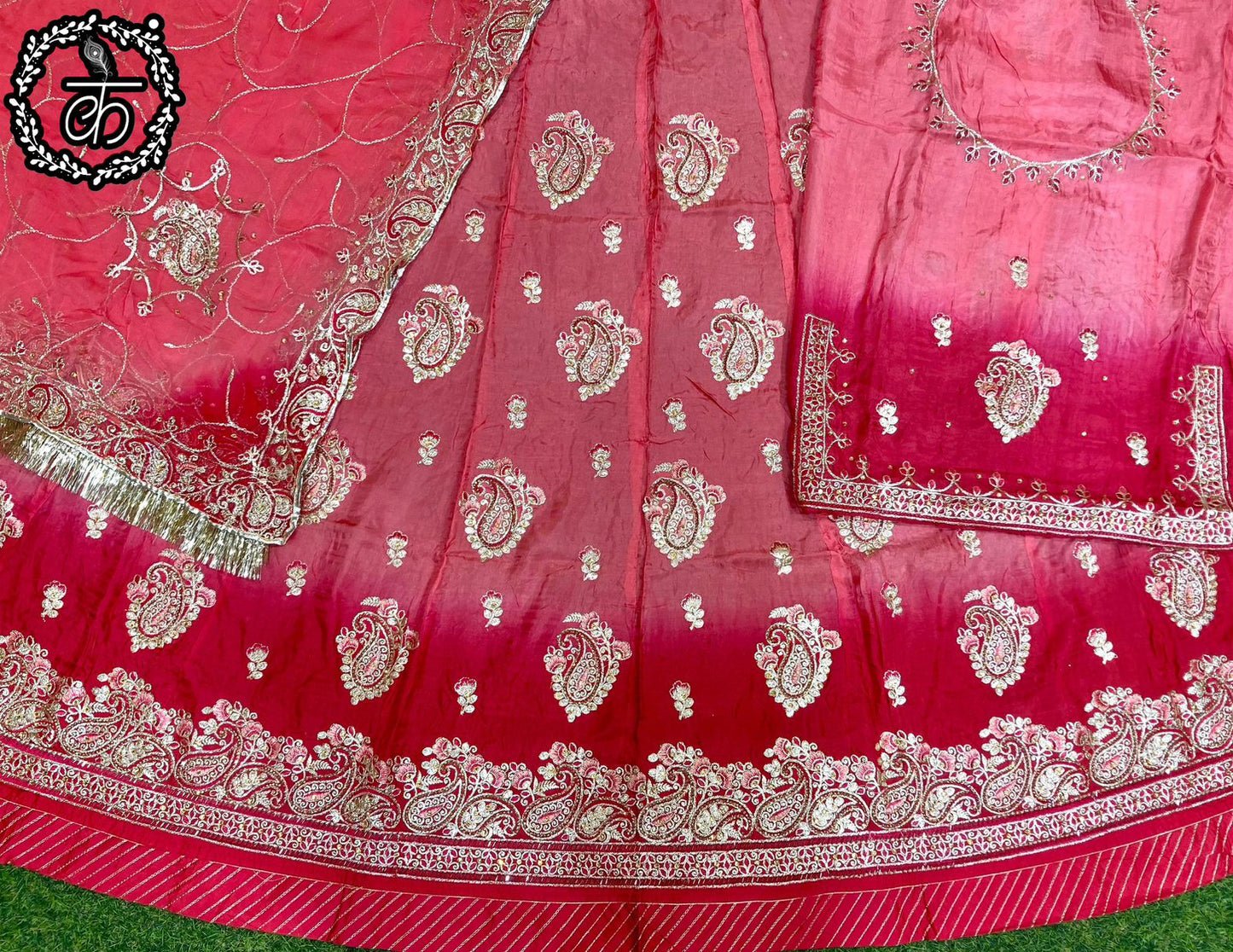 Hand Crystal Upada Silk Traditional Double Shaded Wedding Rajputi Poshak In Peach Color-81943