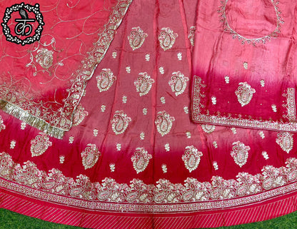 Hand Crystal Upada Silk Traditional Double Shaded Wedding Rajputi Poshak In Peach Color-81943