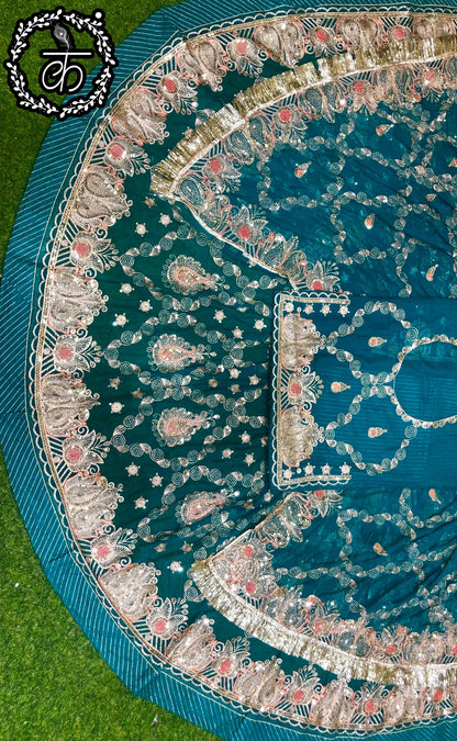 4 Meter Full Gher Humrahi Pure Wedding Party Wear Traditional Rajputi Poshak with Pittan work In Blue color-82128