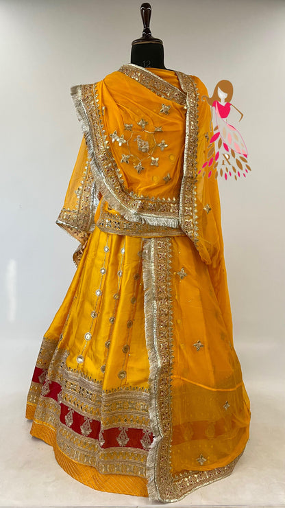 24 Kali Full Gher Satin Traditional Rajputi Poshak with Codding Work In Yellow color-91045