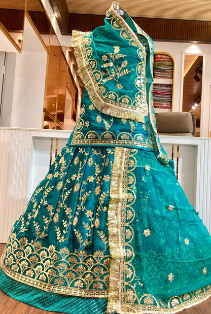 24 Kali Full Gher Bamber Satin Wedding Traditional Rajputi Poshak with Zari work In turquoise color-81535