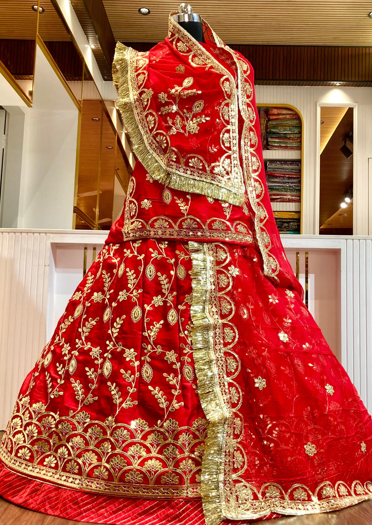 24 Kali Full Gher Bamber Satin Wedding Traditional Rajputi Poshak with Zari work In Red color-81934