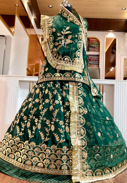 24 Kali Full Gher Bamber Satin Wedding Traditional Rajputi Poshak with Zari work In Green color-61115