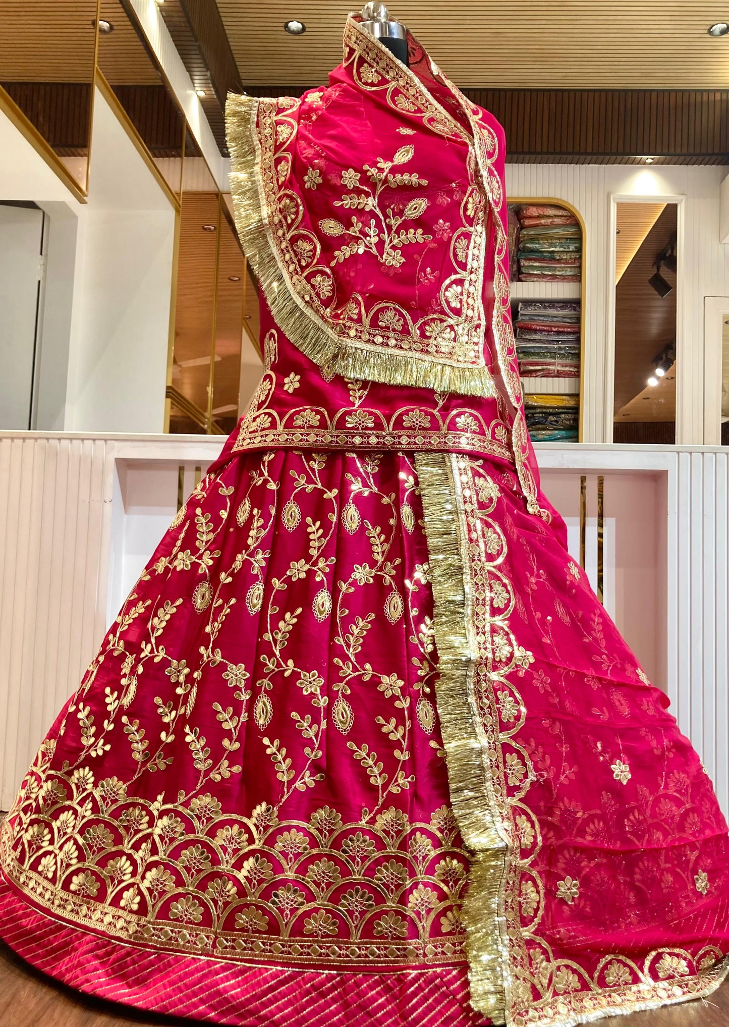 24 Kali Full Gher Bamber Satin Wedding Traditional Rajputi Poshak with Zari work In Pink color-81932