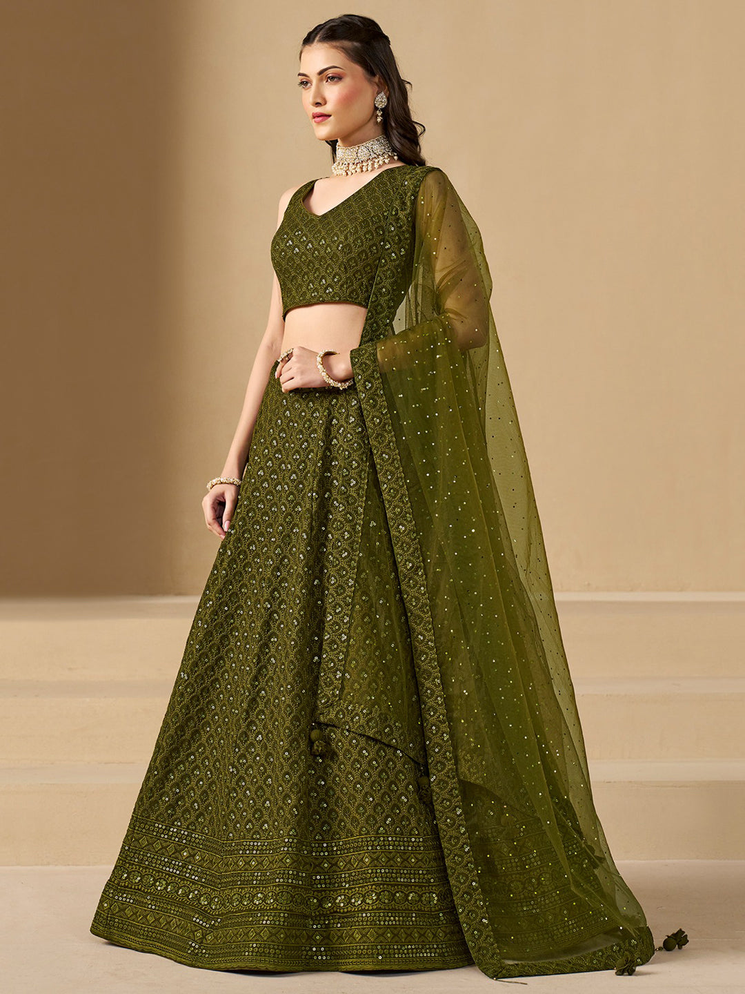 Georgette Traditional Reception Semi-Stitched Lehenga Choli In Green color-41008