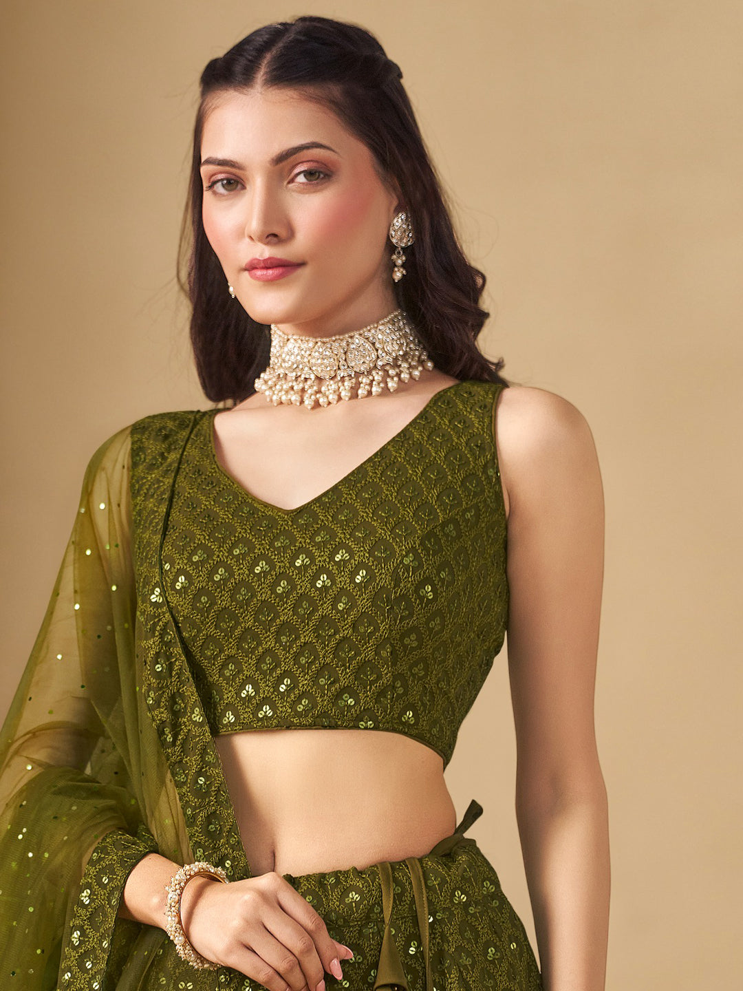Georgette Traditional Reception Semi-Stitched Lehenga Choli In Green color-41008