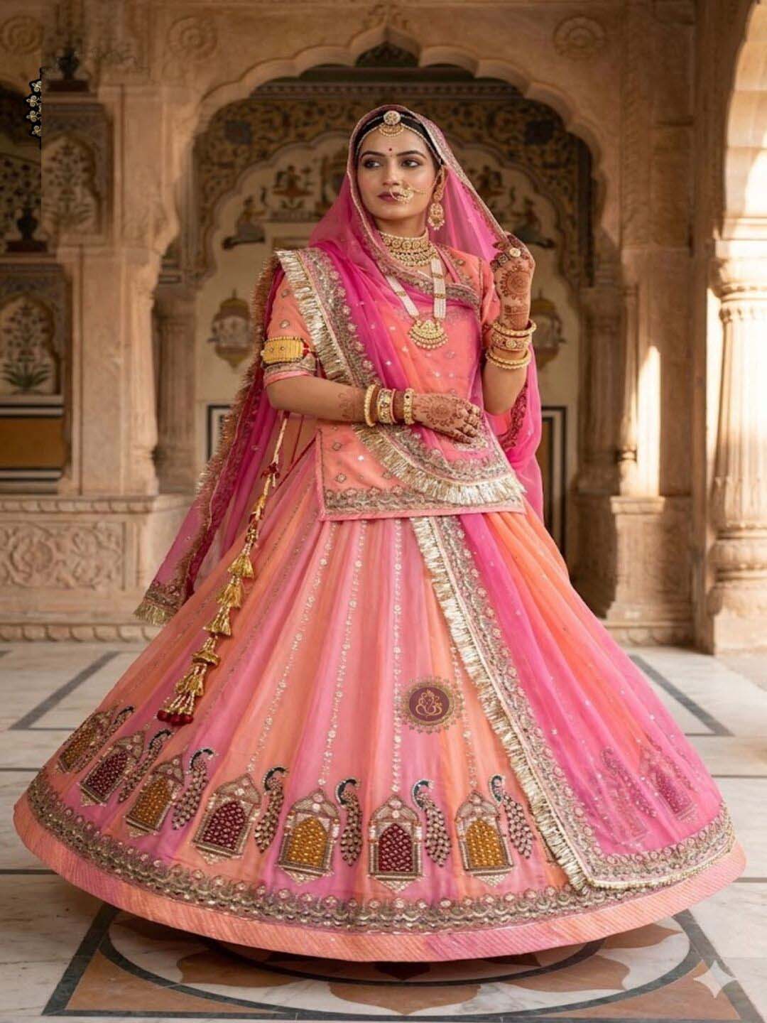 Peach Premium Fendi Silk Rajputi Poshak – 5 Meter Flare Wedding Wear for Women-91902