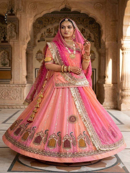 Peach Premium Fendi Silk Rajputi Poshak – 5 Meter Flare Wedding Wear for Women-91902