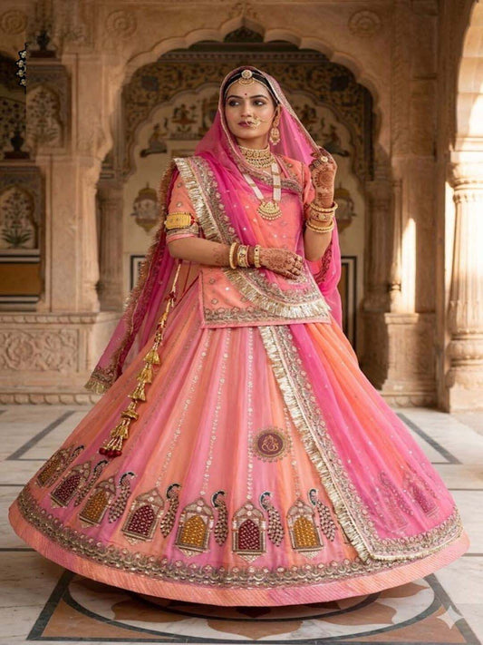 Peach Premium Fendi Silk Rajputi Poshak – 5 Meter Flare Wedding Wear for Women-91902