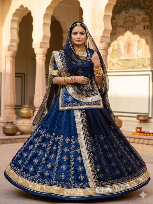 Blue Premium Silk Crepe Rajputi Poshak with Traditional Lafa and Gota Work-91898
