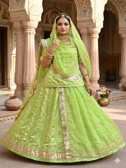 Green Premium Silk Crepe Rajputi Poshak with Traditional Lafa and Gota Work-91897