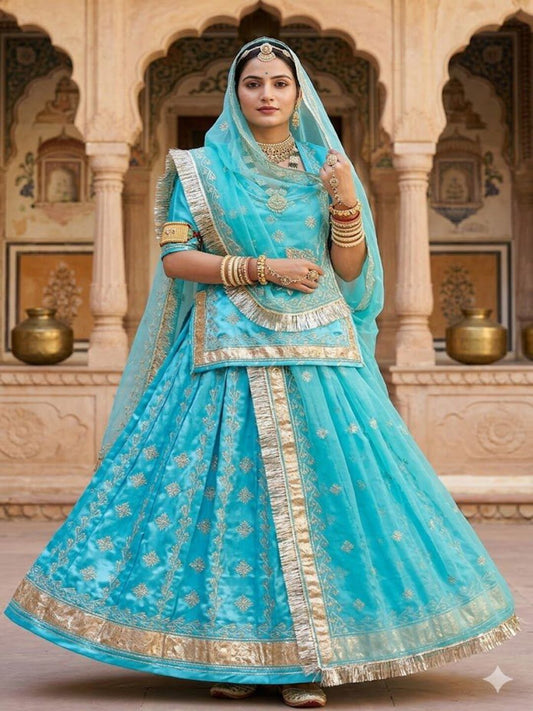 turquoise Premium Silk Crepe Rajputi Poshak with Traditional Lafa and Gota Work-91896