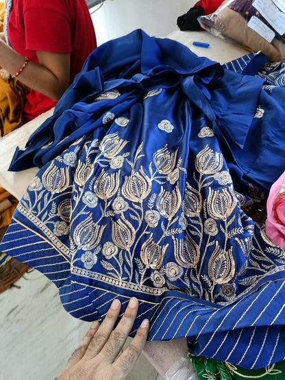 Satin Festive wedding Sequence Work Rajputi Poshak In Blue Color-61135