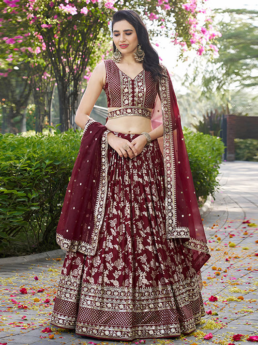Dola Silk jacquard Traditional Reception Semi-Stitched Lehenga Choli In maroon color-61135