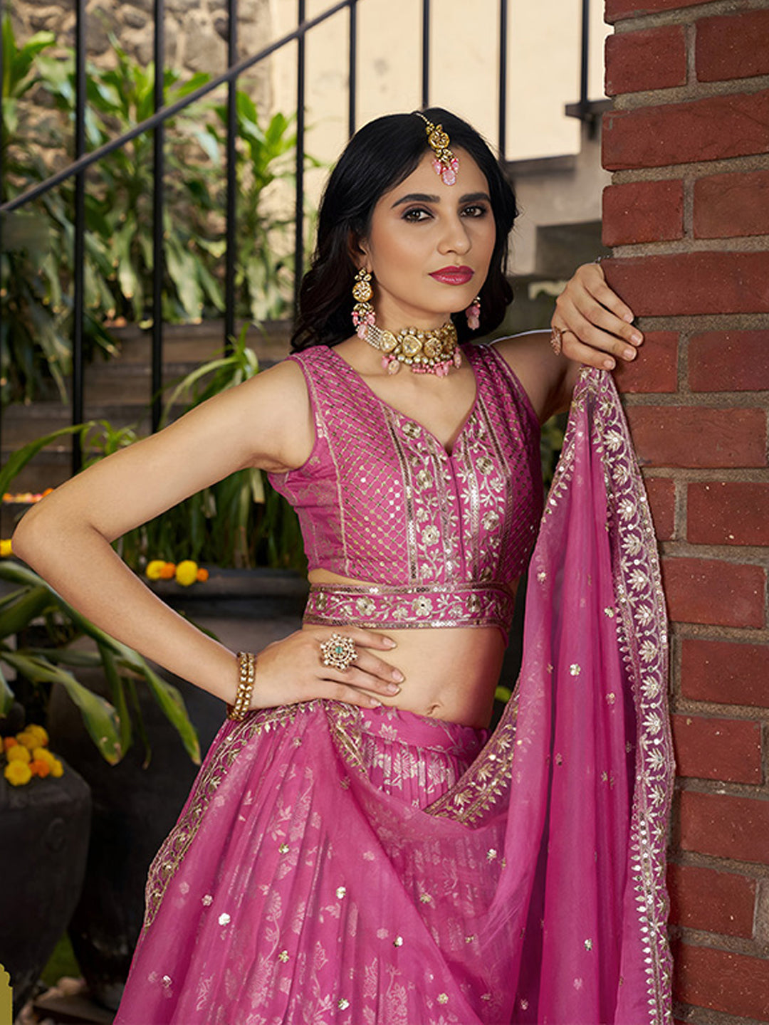 Dola Silk jacquard Traditional Reception Semi-Stitched Lehenga Choli In Pink color-81153