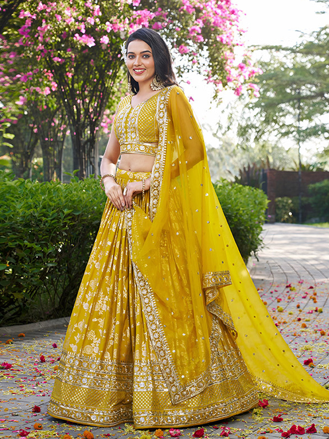 Dola Silk jacquard Traditional Reception Semi-Stitched Lehenga Choli In Yellow color-82029
