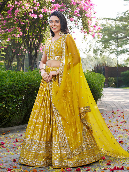 Dola Silk jacquard Traditional Reception Semi-Stitched Lehenga Choli In Yellow color-82029