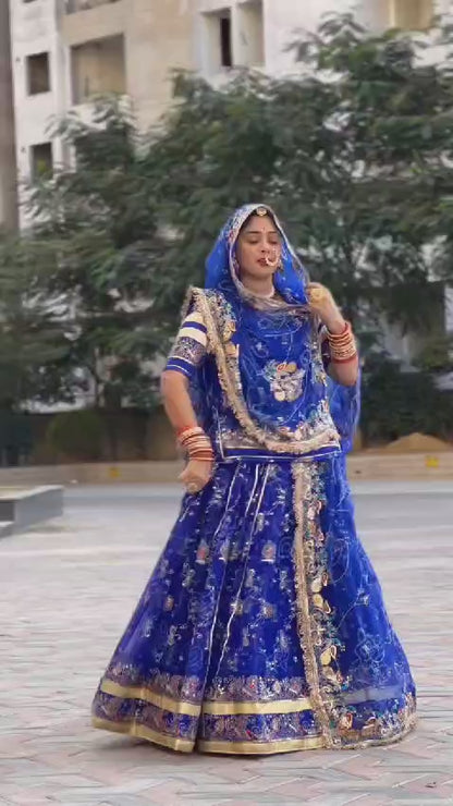 Royal Pure 7 Miter full Gher Wedding Sangeet Premium quality Rajputi Poshak in Blue color-81631