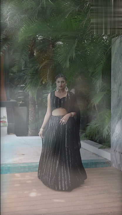 Georgette Traditional Partwear Reception Lehenga In Black color-41089