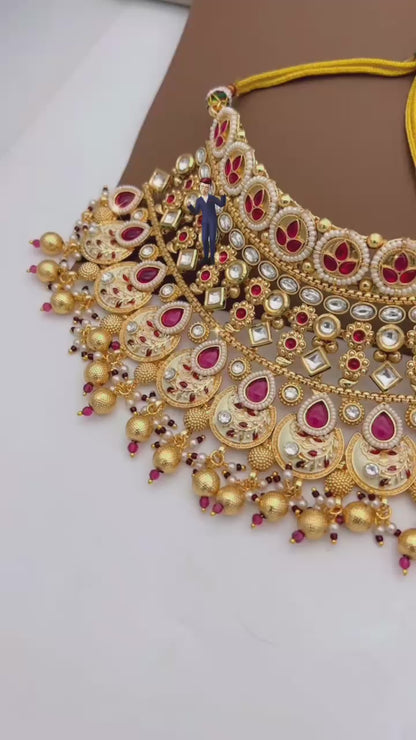 High Quality Kundan Pearl Studded Bridal Necklace Set-301086