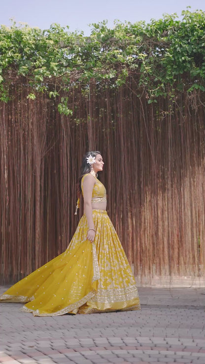Dola Silk jacquard Traditional Reception Semi-Stitched Lehenga Choli In Yellow color-82029