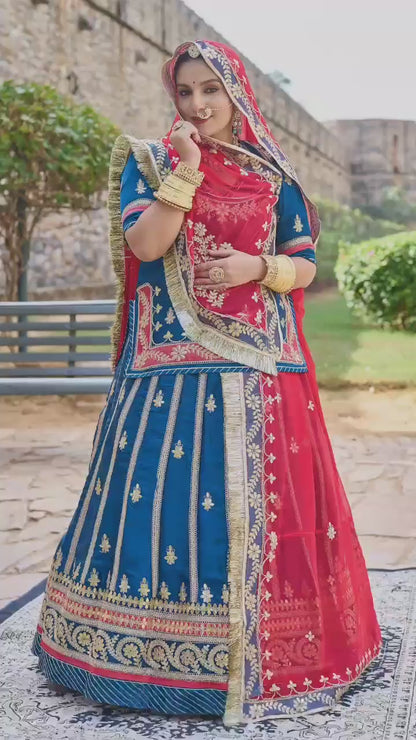 Makhmali Satin 24 Kali festive Wedding Rajputi Poshak In Red and Blue color-91510